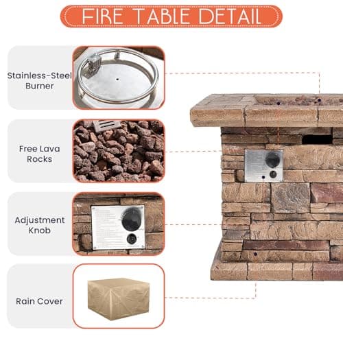 HOMPUS Outdoor Propane Fire Pit Table 32-inch Imitation Stone Square Concrete Propane Fire Pit with Lava Rocks and Rain Cover 50,000 BTU Gas Smokeless Fire Pits for Outside Patio,Garden, CSA Certified