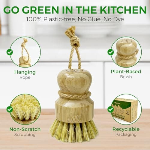 Bamboo Dish Brush Set of 3, 100% Plant-Based Kitchen Dish Brush Bamboo with Sisal and Coconut Bristles, 2 Brush Types, No Scratch Wood Sish Scrub Brush for Dishes, Quick-Drying, Odor Free