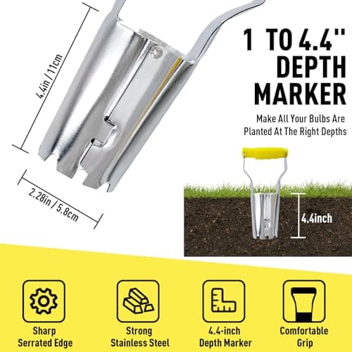 Jardineer Small Bulb Planter Tool– Compact Stainless Steel Transplanter for Bulbs, Seedlings & Flowers – Ergonomic Handle with Depth Markings – Silver & Black– Durable Garden Planting Tool