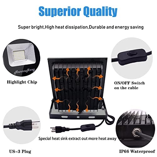 HANNAHONG 30W LED Flood Light Plug in with ON/Off Switch,Cool White,Bright Security/Work/Plant Grow Outdoor,IP66 Waterproof,Reflector Exteriore Spotlight Porch,Garage,Patio,Yard,Garden