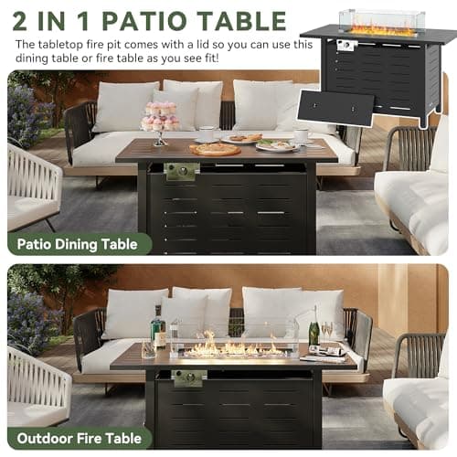 Aoxun 44 Inch Propane Fire Pit 50,000 BTU Outdoor Gas Fire Table with Waterproof Cover and Glass Wind Guard, Rectangular Steel Firepit Table with Lid and Lava Rock for Outdoor, Patio, Backyard