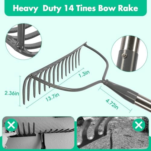 Rake, 60 Inch Garden Bow Rake with 14 Tines, Heavy Duty Stainless Steel Raking Tool for Gardening Landscaping Loosening Soil Leveling Mulching Gravel Gathering Leaf Thatch Lawn Care