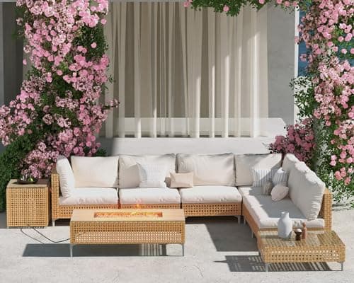 Grand patio 9-Piece Patio Furniture Set with 47" Fire Pit Table, Outdoor Conversation Set & 50,000 BTU 47 Inch Rectangle Propane Fire Pit & Storage Box with Water Resistant Thick Cushions, Beige