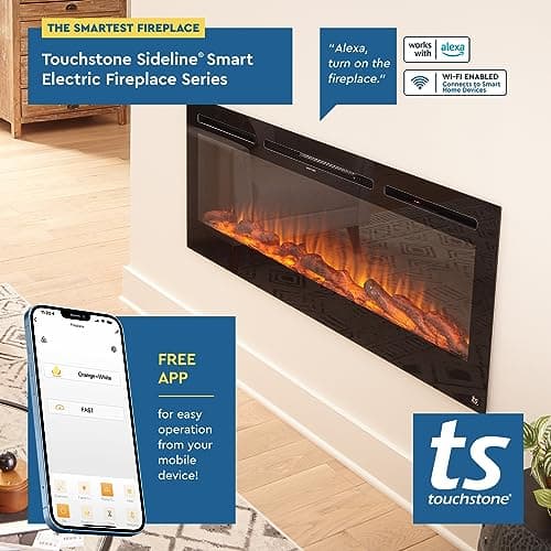 Touchstone Smart Electric Fireplace-The Sideline 50" Wide-in Wall Recessed - 30 Realistic Ember Color/Flame Options - 1,500W Heater w/Thermostat - Log & Crystal Hearth Options - Alexa/WiFi Enabled