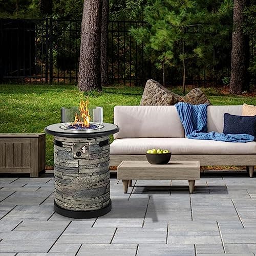 Outdoor Gas Propane Fire Pit Table, Round Porcelain Tile Top 22" Fire Bowl Column W/ 40,000 BTU Firepit Table Auto-Ignition 400D Cover Glass Rocks for Outside Patio