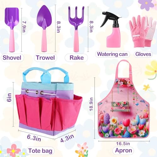 Kids Gardening Tool Set - Garden Tools for Kids with Shovel Trowel Rake Apron Gloves Watering Can and Tote Bag, Outdoor Toys Great Gifts for 3 4 5 6 7 8+ Years Old Girls (Flower Style)
