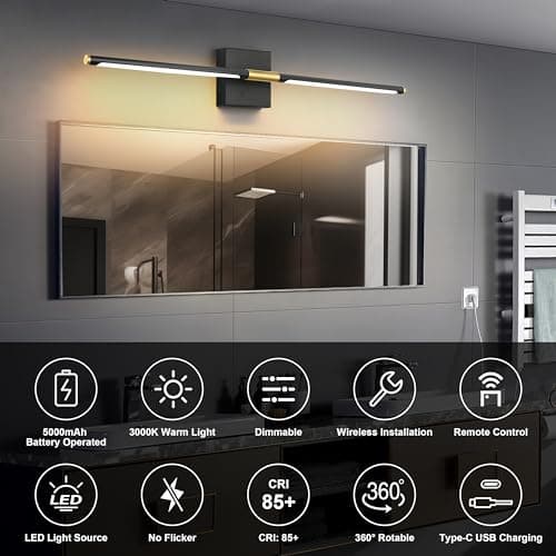 Battery Operated Wall Sconces Set of 2, Dimmable Battery Wall Sconce with Remote Control, Black Gold LED Rechargeable Sconces, 24 Inch Modern Wireless Wall Lights for Bedroom, Living Room