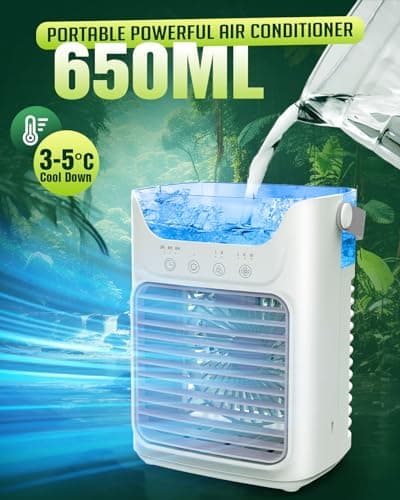 Portable Air Conditioners, 3 Wind Speeds & 7 LED Lights Evaporative Personal Air Cooler, 4 in 1 Portable AC with 650 mL Large Water Tank, Mini Air Conditioner for Bedroom/Car/Home/Camping/Room
