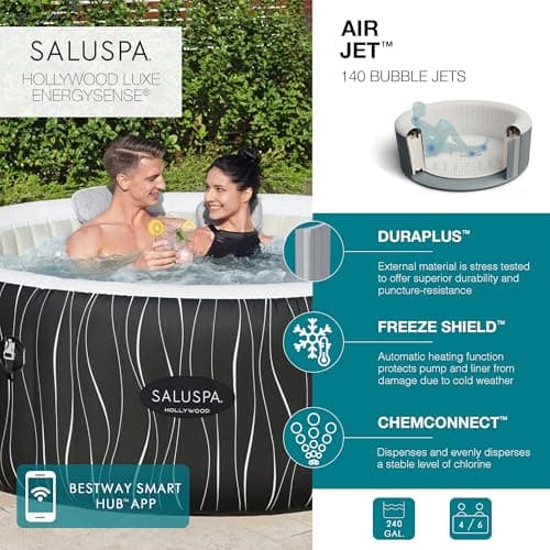 Bestway SaluSpa Hollywood EnergySense Luxe AirJet Round Inflatable 4 to 6 Adult Hot Tub with Heater, Filter, 2 Covers, and 140 AirJet System