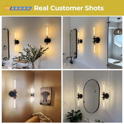 Wall Sconces Set of Two, Black and Gold Bathroom Sconces Wall Lighting with Clear Glass, Modern Sconces Wall Decor Set of 2 Wall Light fixtures for Bathroom Mirror Living Room Hallway Bedroom