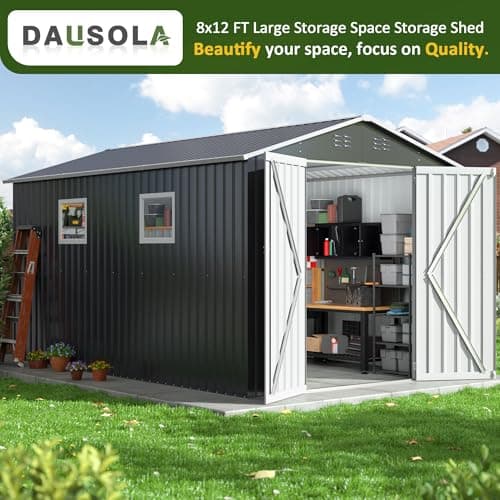 8x12 FT Outdoor Storage Shed, Metal Garden Tool Shed with Updated Frame Structure, Lockable Doors and Windows, Ideal for Backyard Garden Patio Lawn, Grey