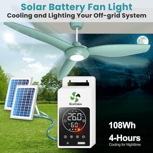 Outdoor Ceiling Fan Light for Gazebo with Battery, 52" Solar Ceiling Fan with Adjustable Thermostat & 2pcs 30W Bifacial Panels for Patios, Porch, Barn, Shed