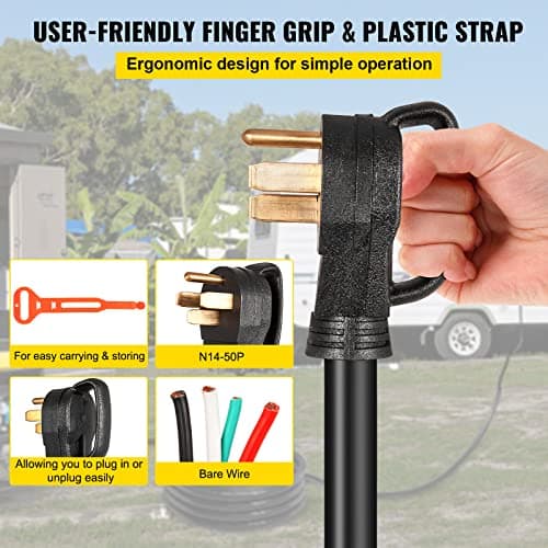 VEVOR 15 FT 50 Amp Generator Extension Cord 4 Wire 6 Gauge STW 6/3+8/1, 125V 250V Generator Power Cord N14-50P & SS2-50R with Portable Handle