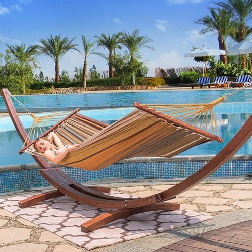 Lazy Daze Hammocks 12 FT Outdoor Arc Wood Hammock Stand, 2 Person Russian Pine Hardwood Hammock Stand with Carabiners and Chains, for Outdoor Patio Garden Yard Poolside, 450lb Capacity,Brown