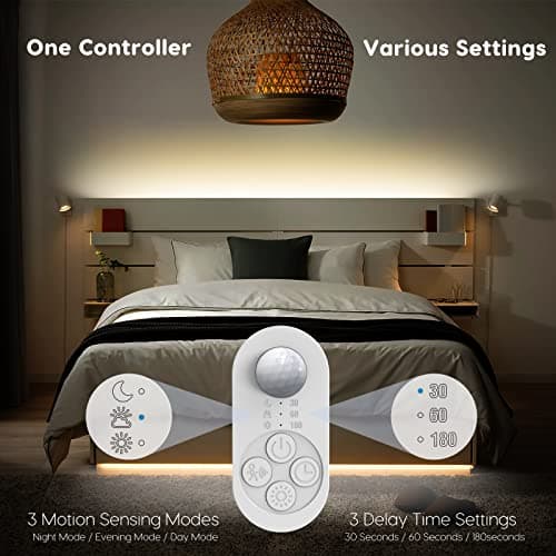 Dual Motion Sensor Light Indoor - Plug-in Motion Activated LED Stair Light Strip Step Light with Double Sensors, Dimmer And Timer for Stairway, Bedroom, Corridor (Warm White 3000K 16.4FT Light Strip)