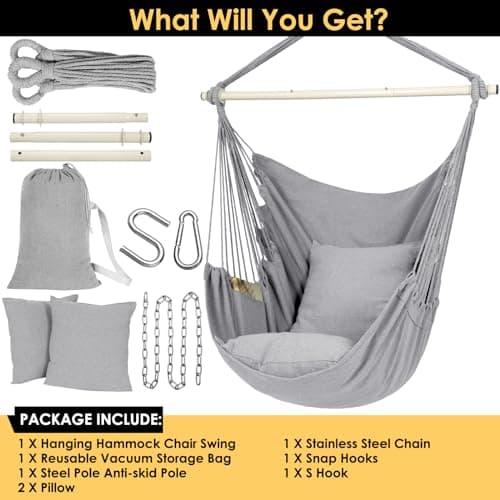 Y- Stop Hammock Chair Hanging Rope Swing Chair, Max 500 Lbs, 2 Seat Cushions Included, Removable Steel Spreader Bar with Anti-Slip Rings, Hardware kit-for Indoor or Outdoor(Light Grey)