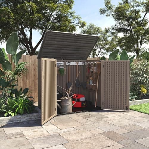 HOMSPARK Storage Shed Weather Resistance, Multi-Purpose Outdoor Storage Cabinet Waterproof, Outdoor Storage Cabinet for Bike, Garbage Cans, Lawnmower, Garden Accessories (coffee, Extra Large-48 cu ft)