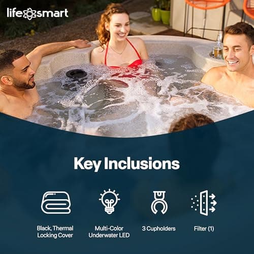 LifeSmart 4-Person Hot Tub, Outdoor Spa with Cover and LED Lights, Circular, Beige - Above-Ground Spa Machine with Accessories for Home and Personal Relaxation