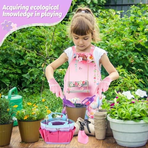 Kids Gardening Tool Set - Garden Tools for Kids with Shovel Trowel Rake Apron Gloves Watering Can and Tote Bag, Outdoor Toys Great Gifts for 3 4 5 6 7 8+ Years Old Girls (Flower Style)