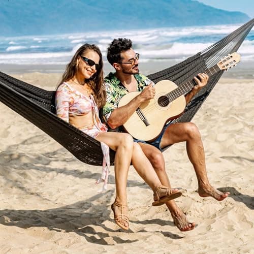 Lazy Daze Hammocks10.5 FT Handwoven Mayan Family Hammock with Portabl Carry Bag and for Outside Outdoor Patio Backyard Poolside, 550 LBS Weight Capacity,Gray