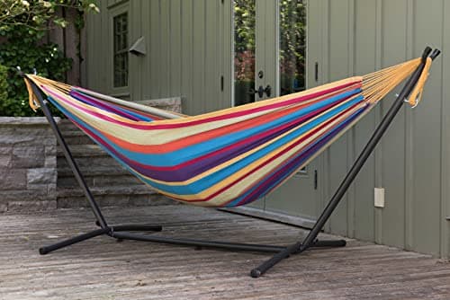 Vivere Double Cotton Hammock with Space Saving Steel Stand, Upgraded Polyester End Strings 450 lb Capacity - Premium Carry Bag Included - USA Grown Cotton (Tropical)