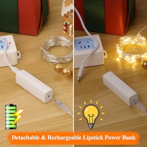 Lipstick Rechargeable Fairy Lights, 1 Pack Twinkle Lights Battery Operated, Mini Indoor LED String Lights with Timer for Vine, Bedroom, Christmas, Parties, Wedding, Decoration (10M/33FT Warm White)