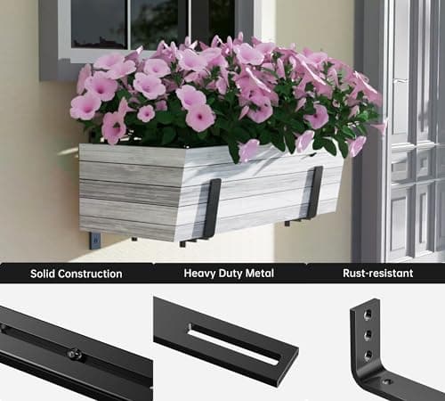Y&M 2 Pack Adjustable Planter Box Brackets (6 to 12.5 in), Universal Window Box Brackets, Heavy Duty Iron Flower Box Wall Mounting Hooks for Balcony, Fences, Patio, and Garden - Black