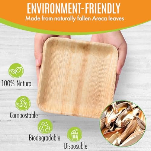 Raj Eco Compostable Palm Leaf Plates Like Bamboo Plates Disposable - 8 Inch Square 50 party plates, Natural wooden, Eco-Friendly, fancy Biodegradable & Disposable Dessert appetizer Plates