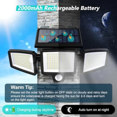 Tuffenough Solar Outdoor Lights 2500LM 210 LED Security Lights with Remote Control,3 Heads Motion Sensor Lights, IP65 Waterproof,270° Wide Angle Flood Wall Lights with 3 Modes(4 Packs)