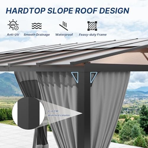 Gotland 10FTx12FT Outdoor Wall-Mounted Hardtop Pergola, Metal Frame Gazebo with Sloping Sun Panel Roof and Double Curtains for Patio, Garden, Lawn, Grey