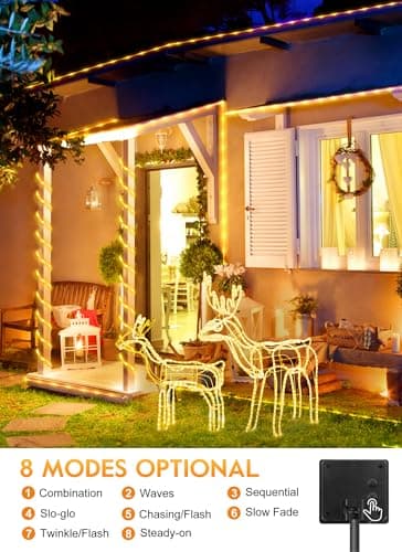 Brightown Solar Rope Lights, 39FT 100LED Outdoor Solar String Lights, IP65 Waterproof Solar Powered Fairy Lights with 8 Lighting Modes for Party Garden Yard Home Holiday Tree Decoration, Warm White