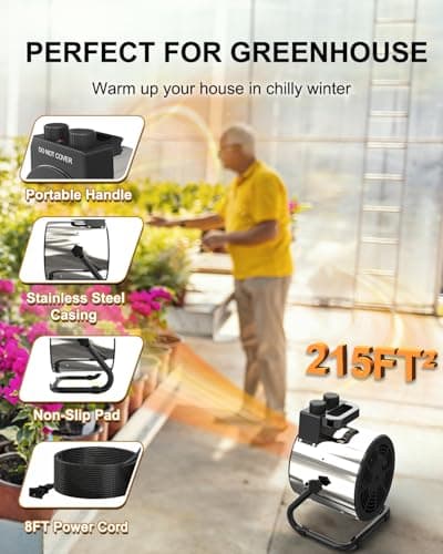 Electric Greenhouse Heater with Thermostat - 1500W Stainless Steel Outdoor Fan Heater, Overheat Protection and 3S Fast Heating,Green House Heating for Greenhouse, Patio, Garage, Flower Room