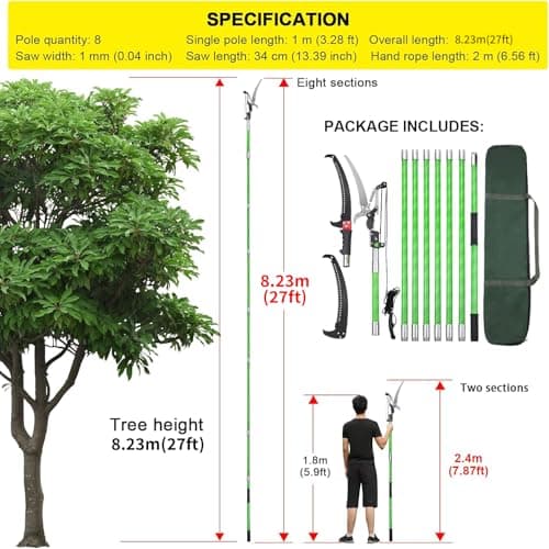 27 Feet Tree Pole Pruner Manual Branches Trimmer Tree Branch Garden Tools Loppers Hand Pole Saws Extendable Height Adustable System for Sawing and Shearing