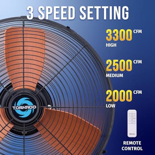 Tornado 20-Inch Outdoor Downrod Mount Ceiling Fan – IPX4 Water-Resistant, Remote Control Included, 3 Speed Settings, 3300 CFM, 10-Foot Cord, UL Safety Listed