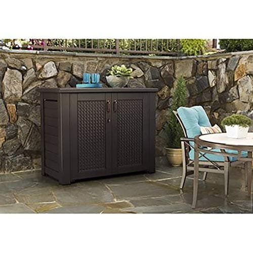 Rubbermaid Decorative Outdoor Storage Cabinet (123 Gal), Weather Resistant, Brown, Organization for Home/Backyard/Pool Chemicals/Toys/Garden Tools/Porch/Patio Cushions