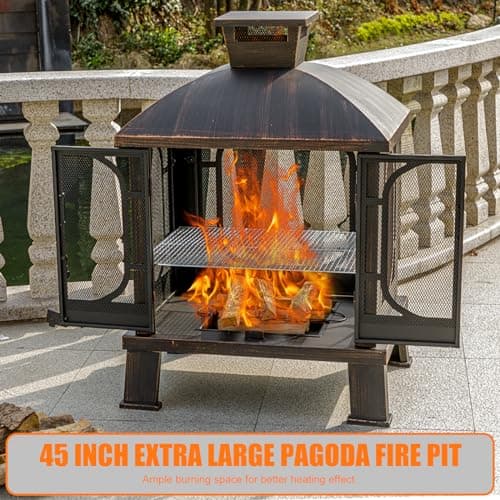 45" H×31''W Metal Chiminea Fire Pit with Grill, Wood Burning Fire Pits for Outside,Square Chimineas Fireplace with Mesh Spark Screen Door& Fire Poker for Garden,Yard,BBQ,Bonfire