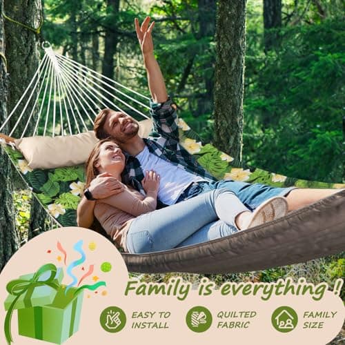 Double Hammock, 11 FT Quilted Fabric 2 Person Hammock for Outside with Pillow, Folding Curved Spreader Bar, Chains, Carrying Bag, Indoor Outdoor, 450 IB Capacity, GreenLeaves