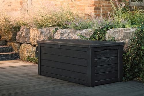 Keter Outdoor Storage Deck Box, 150 Gallon Resin Patio Bin & Bench, Solid, Dark Grey