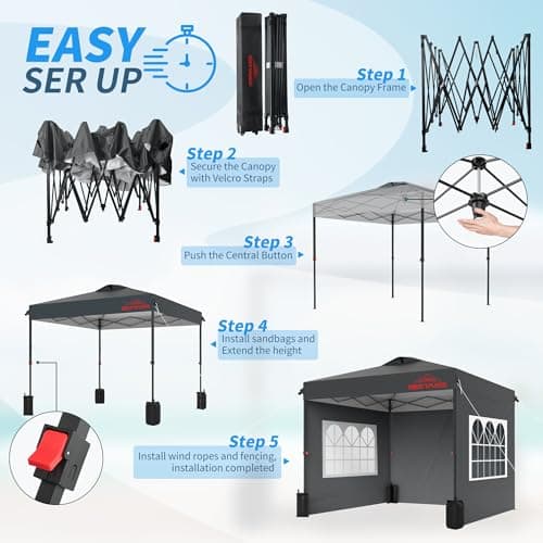 10x10 Pop Up Canopy with Sidewalls, Easy Up Canopy Tent, Heavy Duty Tents for Parties, One Person Set Up Event Tent, Grey