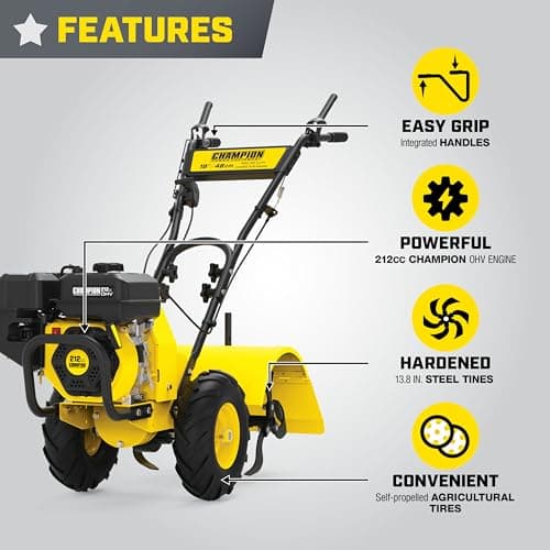 Champion Power Equipment 19-Inch Counter Rotating Rear Tine Tiller with Self-Propelled Agricultural Tires