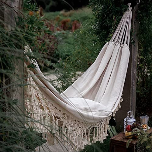 Xuanmuque Double Sized Boho Macrame Cream Hammock with Elegant Tassels and Fishtail Knitting 485Lbs Includes Tie Ropes and White Drawstring Bag for Women