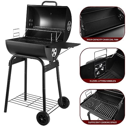 Charcoal Grill Outdoor BBQ Grill, Barrel Charcoal Grills with Side Table, with Nearly 500 Sq.In. Cooking Grid Area, Outdoor Backyard Camping Picnics, Patio and Parties, Black