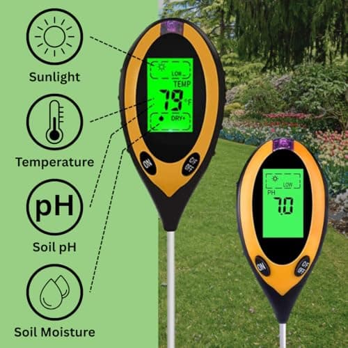 4-in-1 Soil Moisture Meter, High Precision, Digital Plant Temperature/PH Meter/Sunlight Intensity, Backlight LCD Display, Soil Test Meter for Gardening, Lawn, Farming, and Outdoor Plants