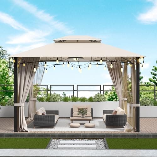 Patio Gazebo 10x12, Outdoor Gazebos, Heavy Duty Gazebo Soft Top Gazebos, Metal Frame Canopy with Double Roofs, Anti-UV Shelter with Privacy Curtains and Netting for Patio Deck Backyard Garden Lawns