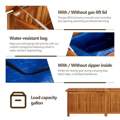 vidaXL Outdoor Storage Box, [Load Capacity Gallon] Deck Box with Gas-Lift Lid, Storage Chest with Water-Resistant Zippered Bag Inside, 68.9''x19.7''x22.8'', Solid Acacia Wood