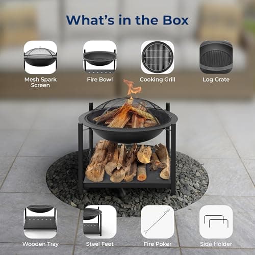 SereneLife 26" Outdoor Wood Fire Pit with BBQ Grill, Mesh Screen, and Wood Storage – Heavy-Duty Steel Frame, Heat-Resistant – Ideal for Bonfires, Camping, and Outdoor Cooking