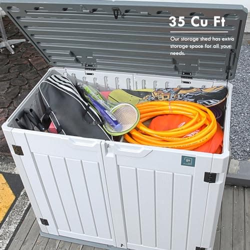 35 Cu.ft Outdoor Storage Shed, Large Resin Storage Box, Waterproof & Lockable Cabinet for Garden Yard Patio Garage Backyard Storage (White - 35 Cu. ft)