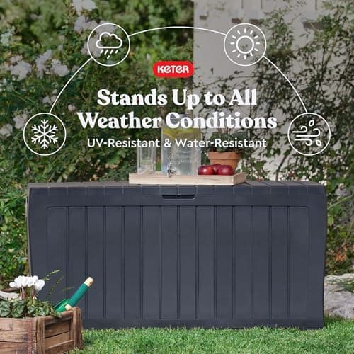 Keter Marvel Plus 71 Gallon Resin Deck Box Organization and Storage for Patio Storage Box Outdoor Cushions, Throw Pillows, Garden Tools and Pool Accessories, Dark Grey