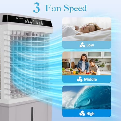 Evaporative Air Cooler, LifePlus 1800CFM Cooling Fan Tower Fan Swamp Cooler with Remote Control, 3 Speed Wind 5.3 Gallon Water Tank 4 Ice Boxes 12H Timer for Room Commercial Office