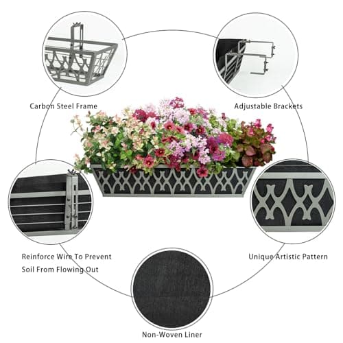 2 Pack 24 Inch Window Boxes Planters Railing Planter Box with Adjustable Brackets & Non-Woven Fabric Plant Grow Bags Deck Railing Planter Boxes Balcony Hanging Flower Box for Outdoor Plants